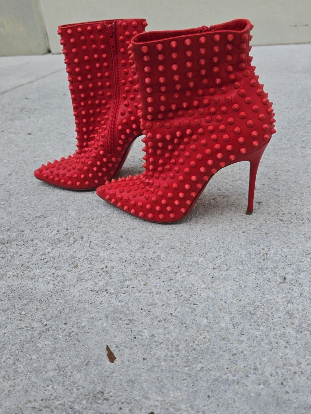 Christian Louboutin Red Spiked Pointed-Toe Stiletto Ankle Boots 36